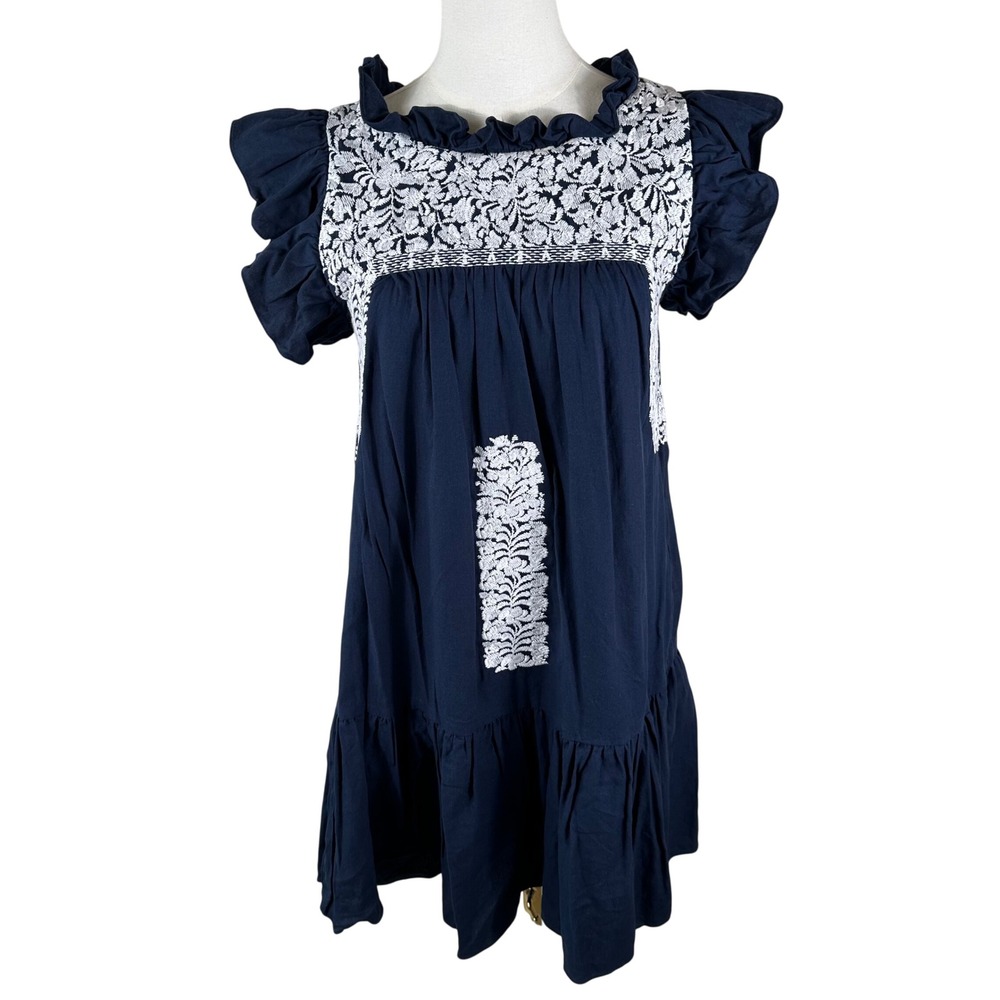 J.Marie Dress Womens XS Navy Blue White Floral Embroidered Ruffle Boho Mini